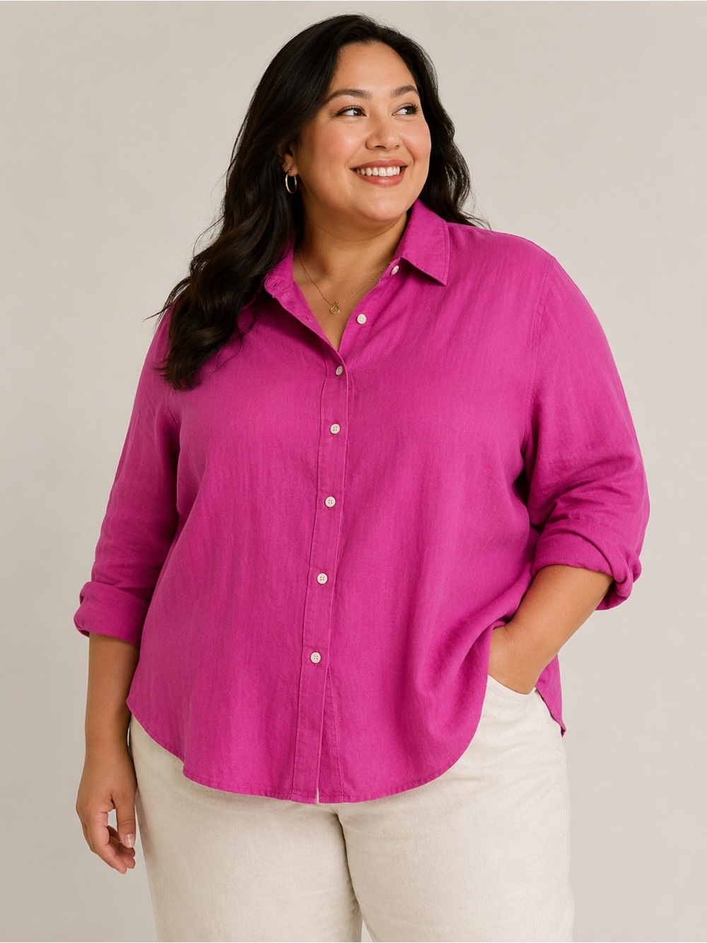 Rafaella 100% Linen Button-Up Shirt Pink | Size 2X